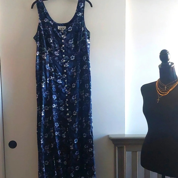 Vintage Blue Floral Maxi dress Large Cottagecore Bohemian Shell buttons DBY - Picture 1 of 8